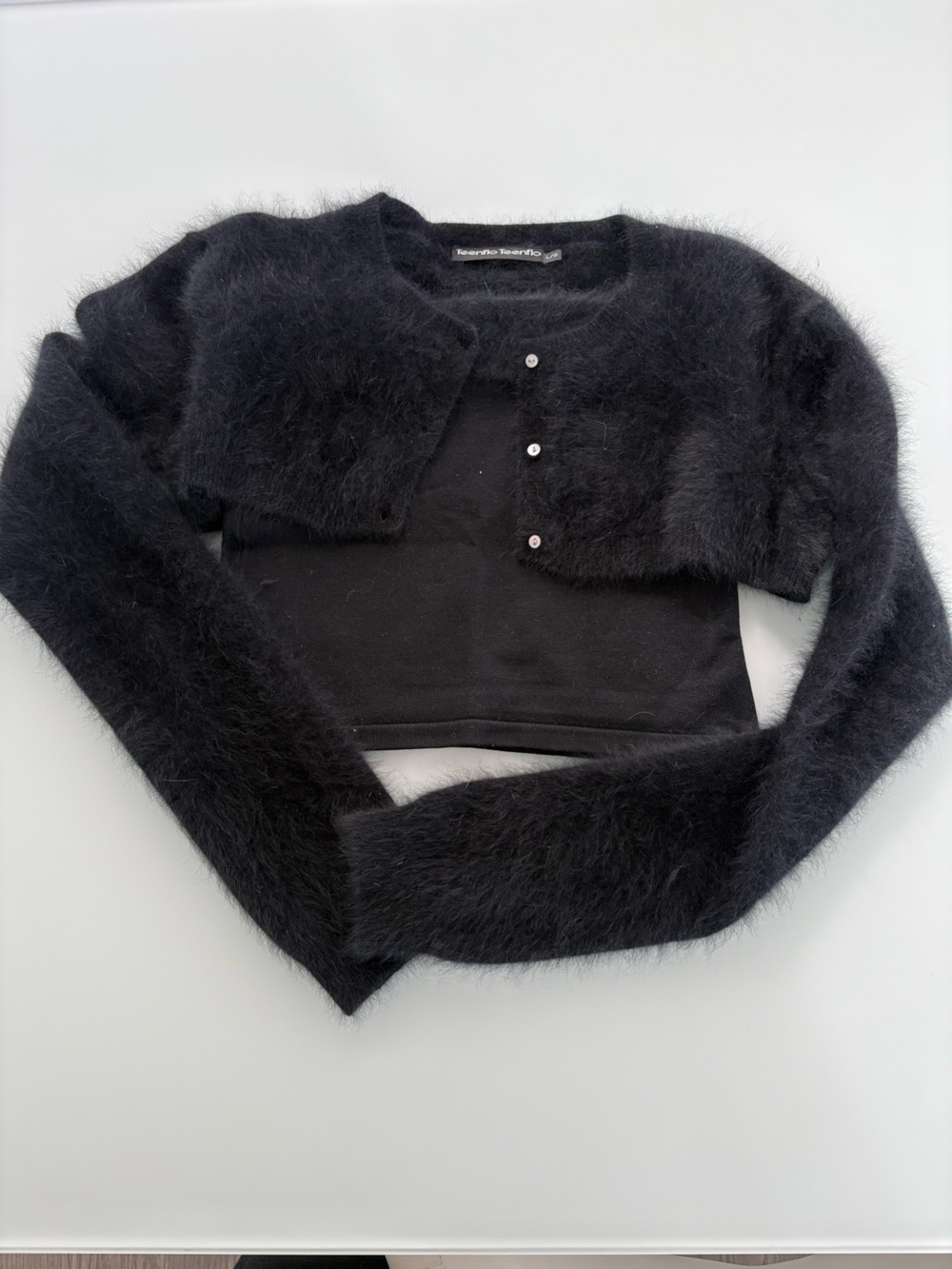 Teenflo Black Fuzzy Crop Cardigan with Tube Top